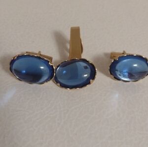 Vintage Emmons Blue Moonglow Tie Bar Clip & Cuff Links